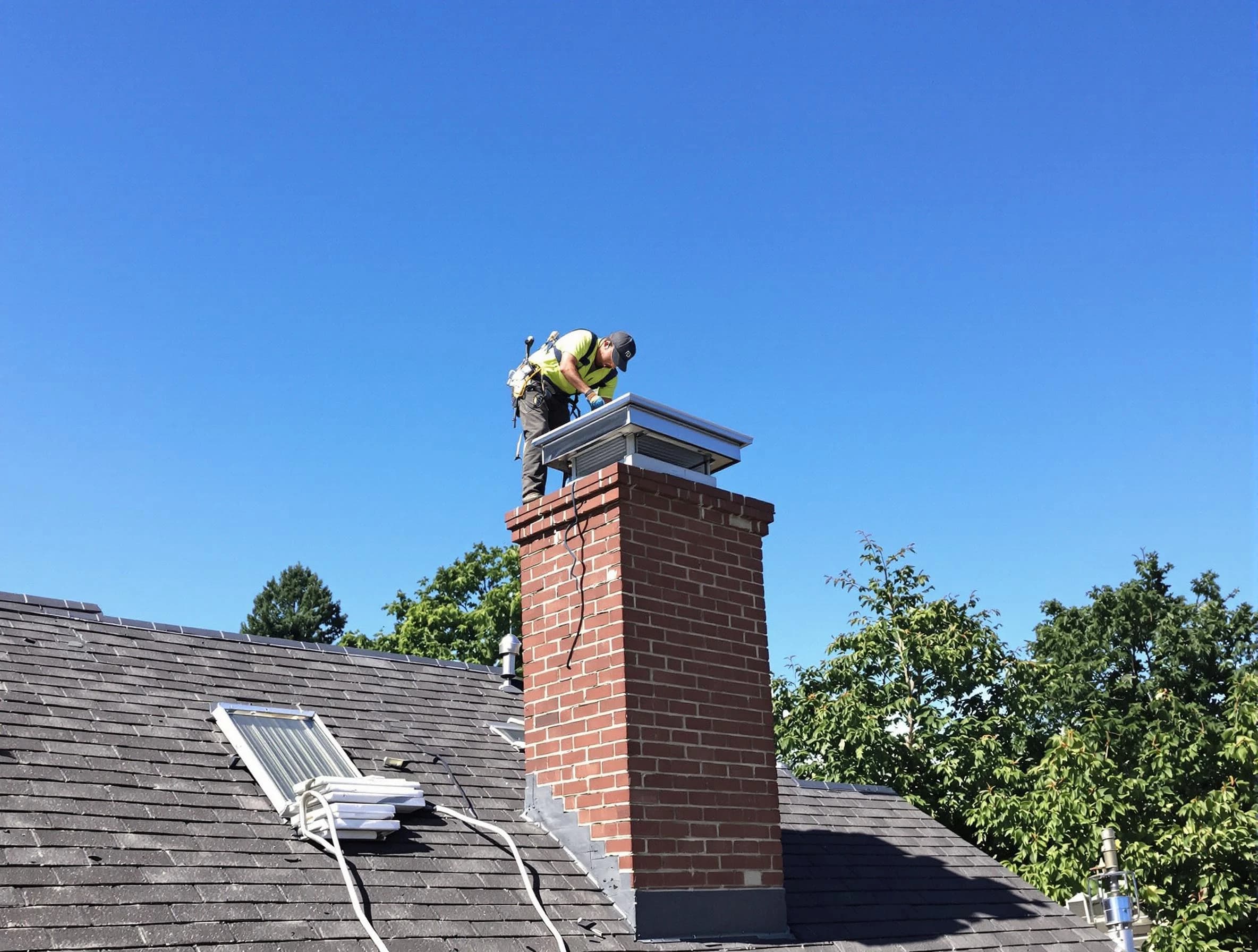 Louisville Chimney Sweep technician measuring a chimney cap in Louisville, CO